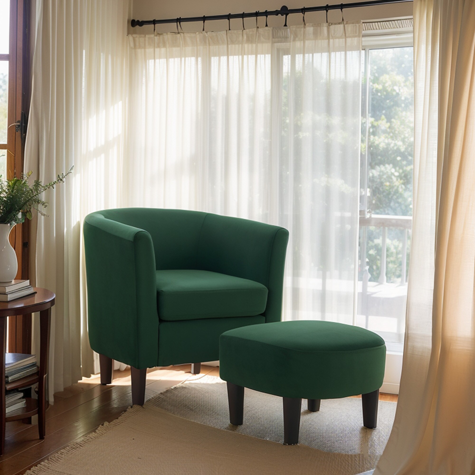 Velvet Accent Chair With Ottoman, Modern Barrel Chair Armchair For Living Room, Green_maomaolike.com